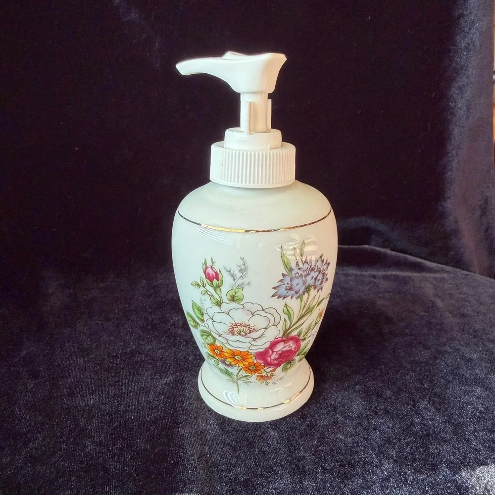 Vintage Interpur Porcelain Soap Dispenser Floral Gold Trim White Cottagecore